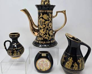 23 4PieceBlackGoldCeramicSetGreekFloralMotifs