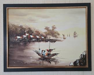 49 CKChoiSeascapePaintingVillageBoatsSignedFramedArt