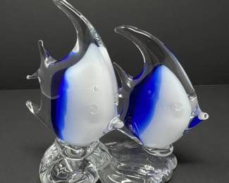 72 MuranoStyleArtGlassAngelfishSculptureBlueWhiteDuo