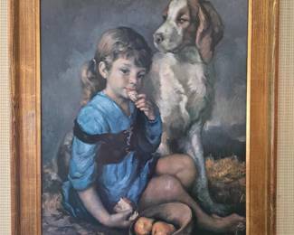 96 SignedPaintingbyFranciscoRiberaSpanishartistChildwDog
