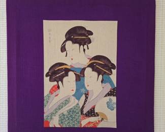 53 JapaneseUkiyoeGeishaTrioonPurpleFabricPossiblySilk