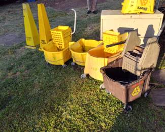 Janitorial supplies wet floor cones, mop buckets, wringers, mop handles and mop heads