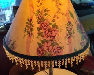 Vintage brass base lamp with material and beaded shade