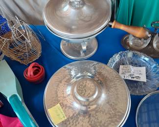 BW Buenilum Aluminum serving dishes, Crystal candy dish, Silver cream and sugar bowls and tray, cute wire chicken egg basket and more