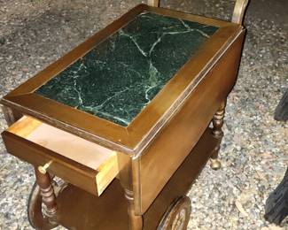 Tea cart with marble inlay, 2 drawers, 2 side leafs on wheels