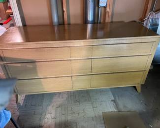 1930s Art Deco Long Wood Dresser with Matching Large Wall Beveled Mirror (Not Shown) Includes Personalized Inscription to Newlyweds from early 20th century)