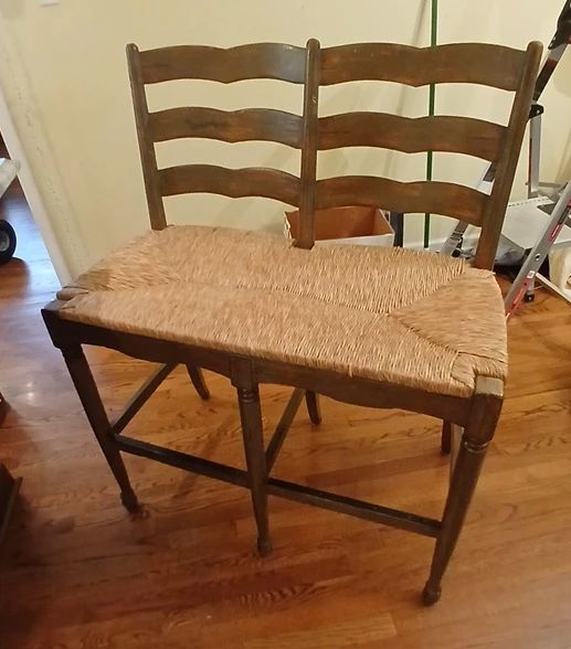 TWO SEATER bar stool!  Super high quality, designed to fit the business end of a 42” Kitchen island top.  In showroom condition, with a fabulous distressed finish!  38x18, seat at 31.  Original retail $1,500, yours for $600!