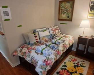 Lovely daybed set up, twin mattress sitting on three HUGE double sided storage drawer units! 39x75x16 (plus mattress.) $120.