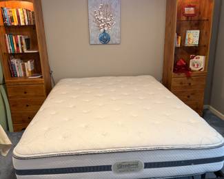Queen Mattress and Frame with Adjustable Width Headboard or Entertainment Center.