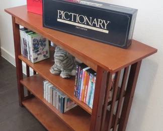 Mission style bookcase, board games, XBox 360 with Kinect video games, 1990's Wish Pets plush cat, DVDs, CDs