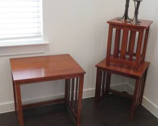 Mission style nesting tables, iron candlesticks
