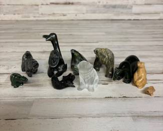 Vintage Signed Hand Carved Stone and Wood Animal Carved Statues Lot