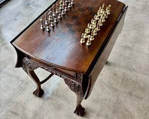 Vintage Custom Chess Table Solid Wood All Metal Chess Pieces With 2 Drawers Carved Legs and Feet