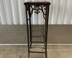 Small 8”x8” Pedestal Vase Table Plant Stand Wood Iron and Marble