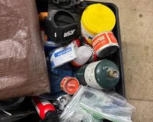 Lot of Camping Equipment Tarps Propane Fuel Axe Shovel Rope Pillow Etc