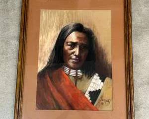 Vintage Native American Portrait Print signed by Artist Professionally Framed