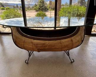 1970s Vintage Wrought Iron, Wood and Glass Canoe Coffee Table