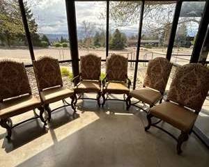 Six Dining Room Chairs Two Tone With a Tapestry Back And Leather Seat and Carved Wood Legs