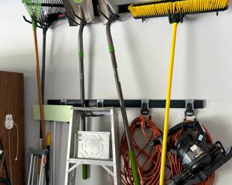 shovels, rakes, ladder, outdoor broom