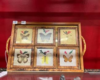 vintage coasters with butterflies in bamboo frames and serving tray... 11-B