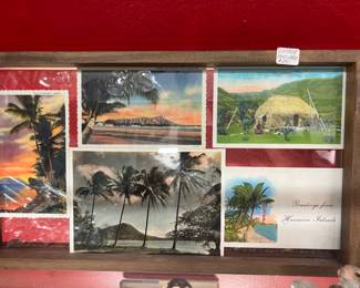 1950's Hawaiian postcards in a two sided glass / wood wall hanging frame.