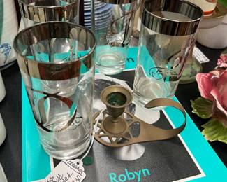 vintage glasses, brass candle holder and ... Robyn book.