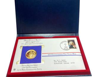 1982 George Washington Commemorative .90 Silver Coin Gold Plated + First day Cover Sealed Stamp