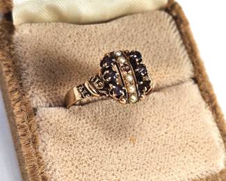 Victorian 10-14K Yellow Gold Garnet Seed Pearl Ring Ornate "A" 5 Point Star Stamped