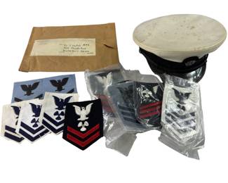 USN Vinyl White Dress Cap Hat + Insignias Stripes Unused Vietnam Era