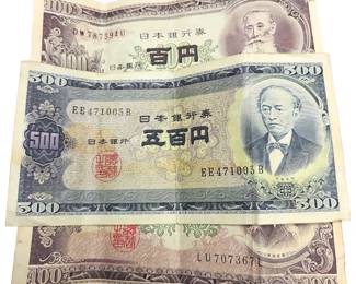 Nippon Ginko Currency Bills Two 100s & 500 Yen Used from 1953-73