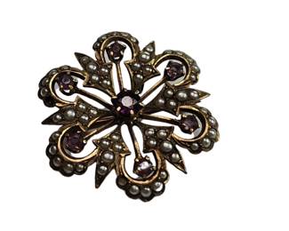 Victorian Amethyst Seed Pearl Brooch Pin Flower Shape 14KT Gold