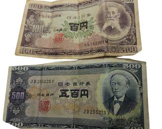 Nippon Ginko Currency Bills 100 & 500 Yen Used from 1953-73