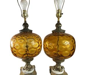 Vintage Mediterranean 1970s Amber Glass Thumbprint Genie Bottle Lamps