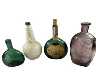 1939 Worlds Fair Chicago Milk Glass Liquor Bottle + Amethyst Swirl Glass TWD Wheaton + Wines