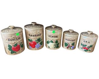 1960s 70s Ceramic Canister Set 5 Cookies Sugar Coffee Flour Tea Apple Grape