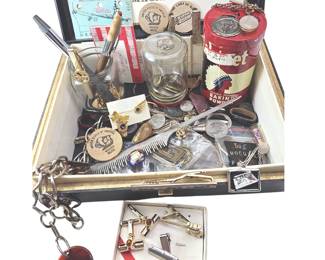 Vintage Junk Tie Pins Clips Pens Advertising Wooden Nickels Coins Token Sterling Medal