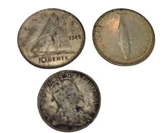 Antique Canada Dimes 1967 1949 (.800) & 1907 (Sterling Silver .925)