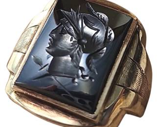 Vintage Fine Jewelry 10KT Hematite Carved Greek Soldier Mens Ring 6.7g Class Style
