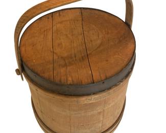 Antique Firkin Primitive Bucket Sugar Bent Wood Farm House Cast Iron Trim