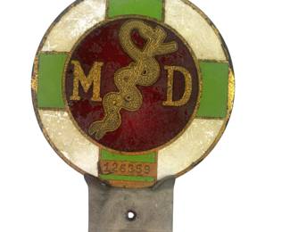 Antique Medical Doctor MD Automobile Badge Brass Enamel 1920s