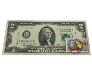 Uncirculated Apr 13 1976 $2 Bill First Day Issue with Chemistry Stamp Huntertown Indiana