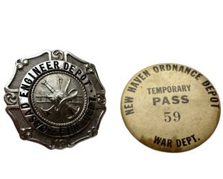 Fire Dept Badge Engineer CASAD New Haven Ordnance Depot War Dept Pass Button Temporary