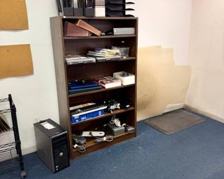 Office supplies, book case, computer tower