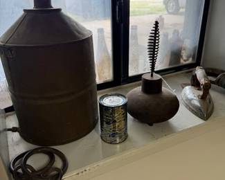 Antique still, fire starter, and iron