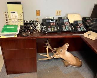 Solid wood desk, deer mount, and office supplies