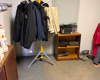 Uniforms, coats, pants and 4 drawer file cabinet