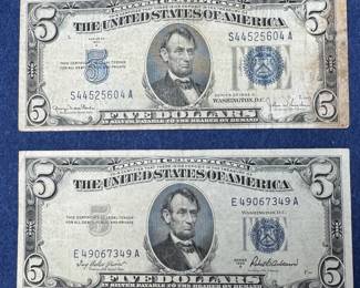 2 US $5 BLUE SEAL SILVER CERTIFICATES