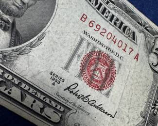 2 US $5 RED SEAL SILVER CERTIFICATES FROM 1953