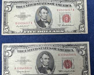 2 US $5 RED SEAL SILVER CERTIFICATES FROM 1953