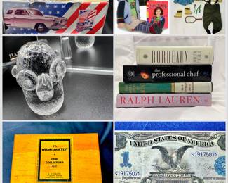 Hadeland of Norway crystal “funny troll”, 1899 Black Eagle $1 Silver certificate, large size treasury note, Vintage Numismatist coin collection, American Girl doll “Lindsey Bergman” and full fly fishing outfit, Books that give you class.